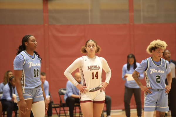 Sophomore forward Alissa O’Dell stands on the baseline during a free throw in an exhibition match vs. Tulane University in the Den on Nov. 2, 2024 in New Orleans, La.